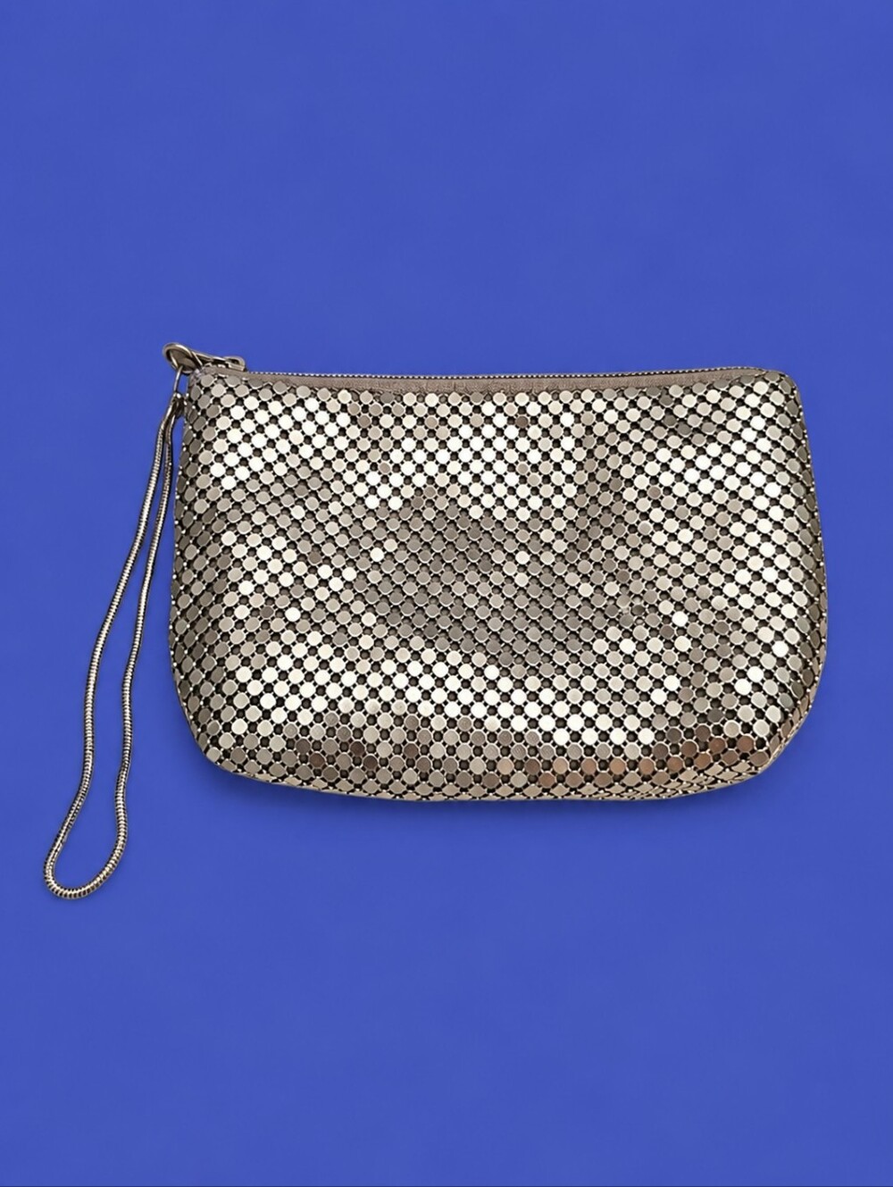 VTG FAR NINE 1970s Silver Metal Mesh Disco Wristlet Makeup Bag